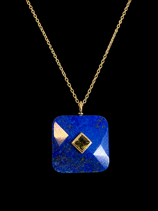 Royal Blue Lapis Square Pendant with Gold Crystal Accent