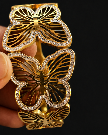 Golden Butterfly Hinged Bangle Cuff Bracelet with Crystal Accents