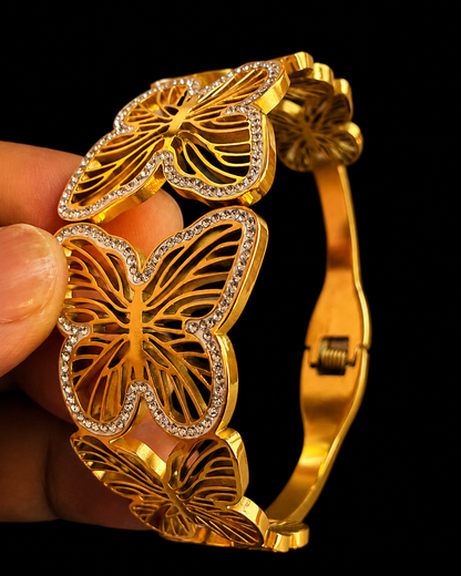 Golden Butterfly Hinged Bangle Cuff Bracelet with Crystal Accents