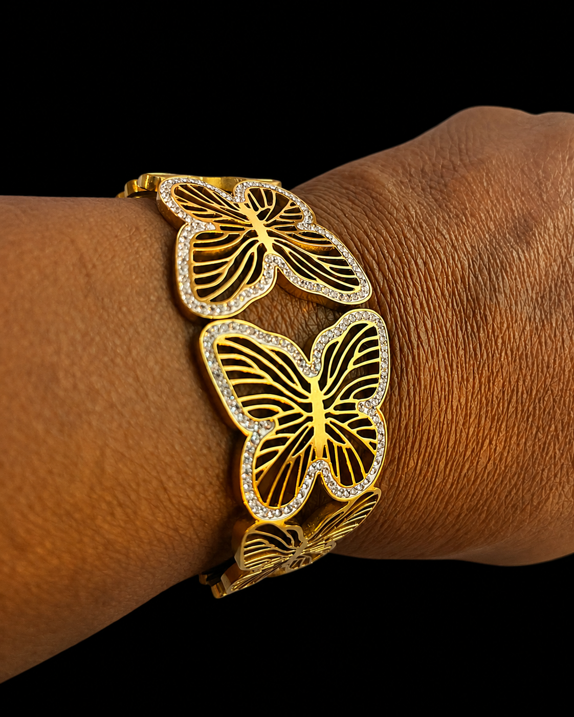 Golden Butterfly Hinged Bangle Cuff Bracelet with Crystal Accents