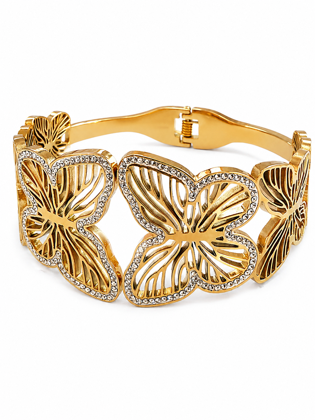 Golden Butterfly Hinged Bangle Cuff Bracelet with Crystal Accents
