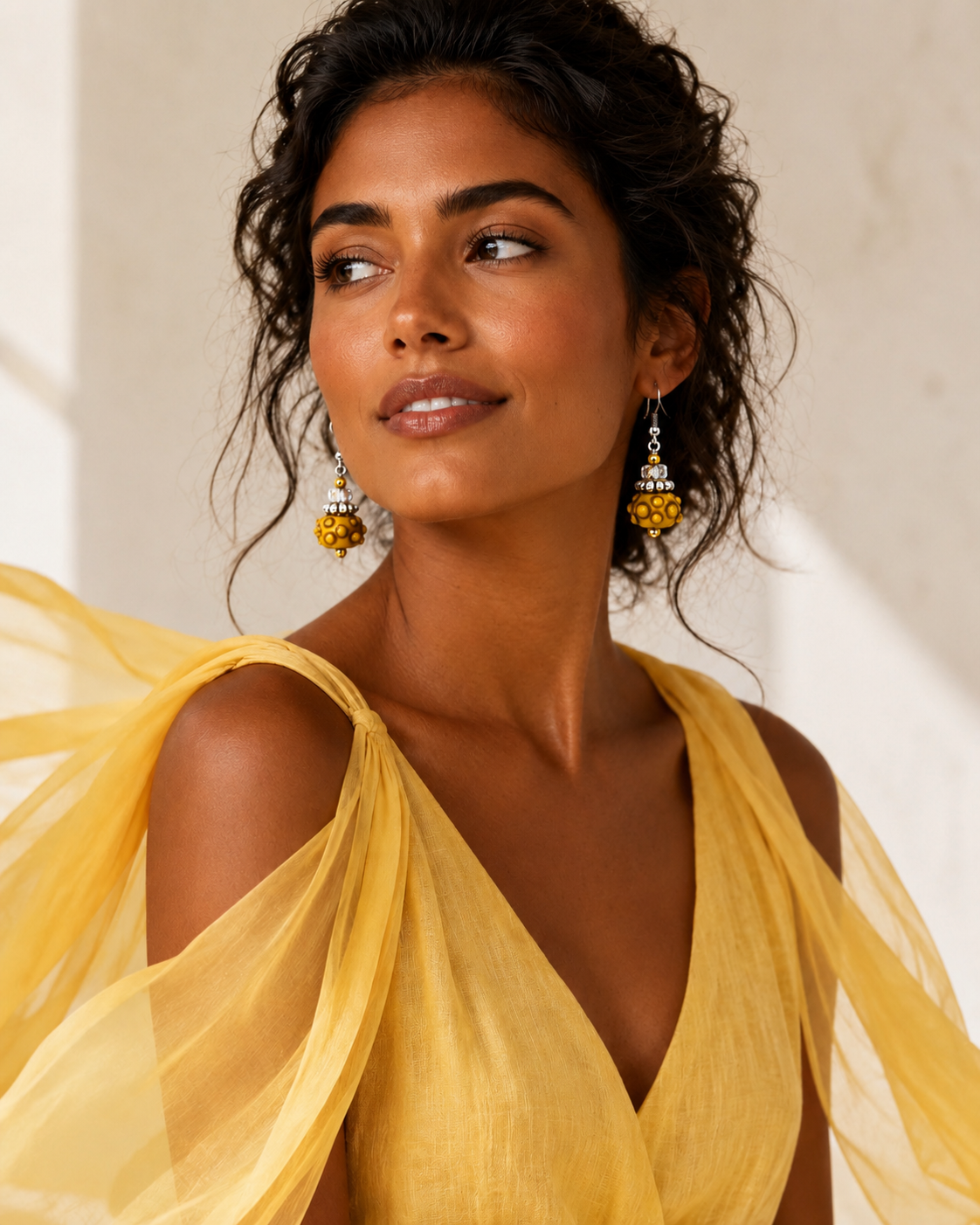 Golden Dot Drops Honey Bead & Crystal Artisan Earrings