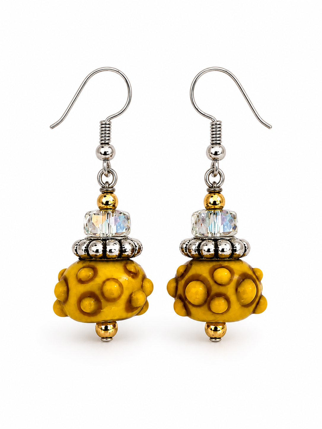 Golden Dot Drops Honey Bead & Crystal Artisan Earrings