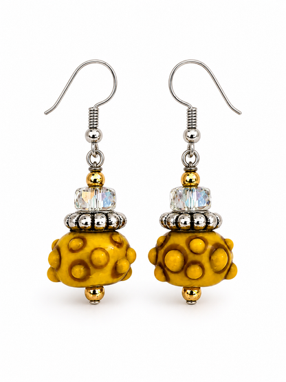 Golden Dot Drops Honey Bead & Crystal Artisan Earrings