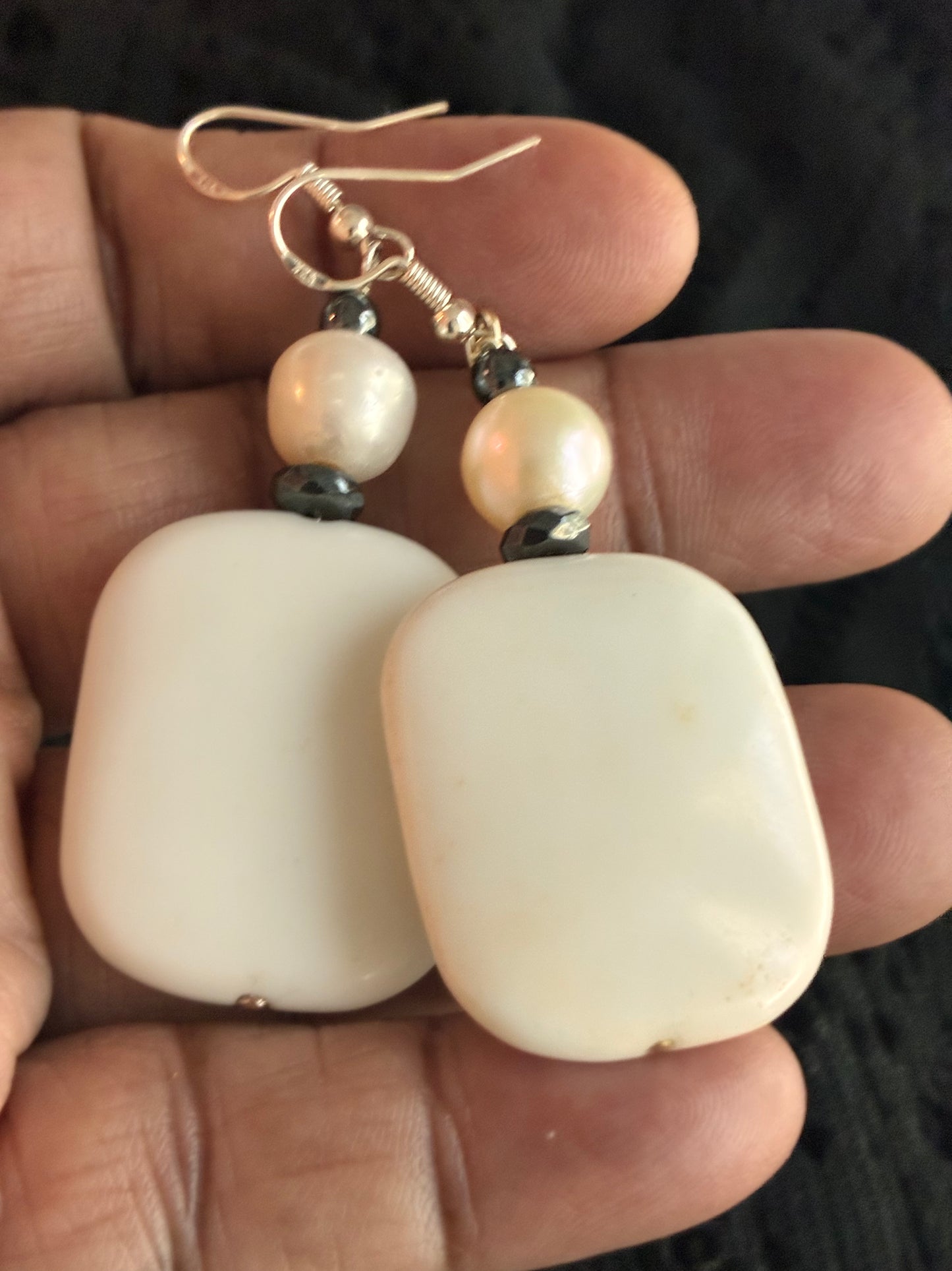 White Porcelain & Baroque Pearl Hematite Statement Earrings