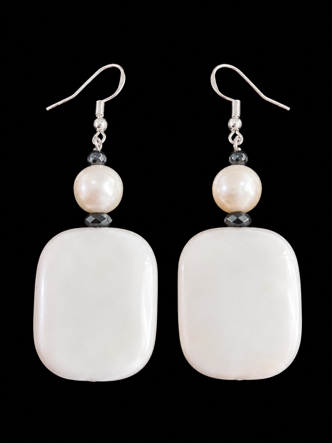 White Porcelain & Baroque Pearl Hematite Statement Earrings