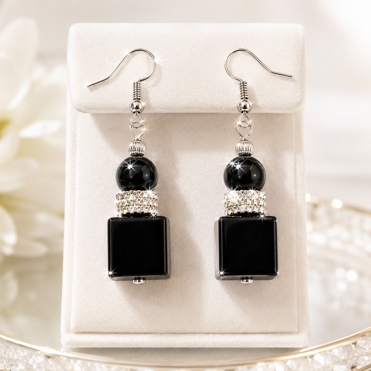 Midnight Luxe Black Onyx Cubed Drop Statement Earrings