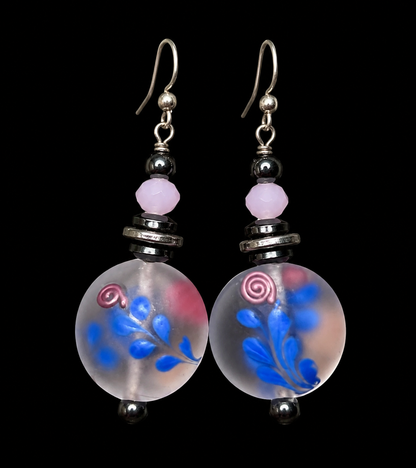 Blue Whisper Frost Floral Glass & Lavender Crystal Artisan Earrings