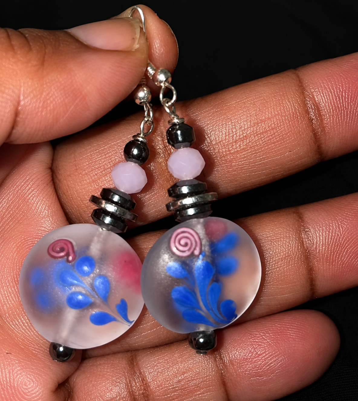 Blue Whisper Frost Floral Glass & Lavender Crystal Artisan Earrings