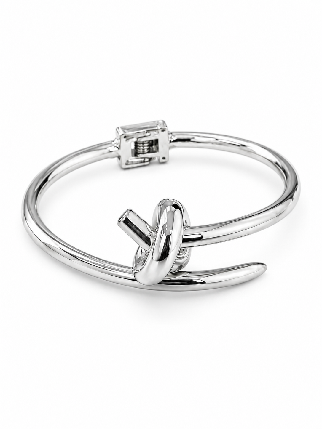Silver Knot Hinged Cuff Bracelet with Mirror Polish Finish
