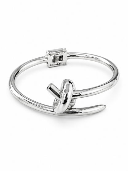 Silver Knot Hinged Cuff Bracelet with Mirror Polish Finish