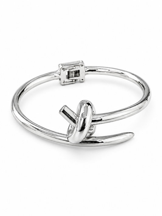 Silver Knot Hinged Cuff Bracelet with Mirror Polish Finish