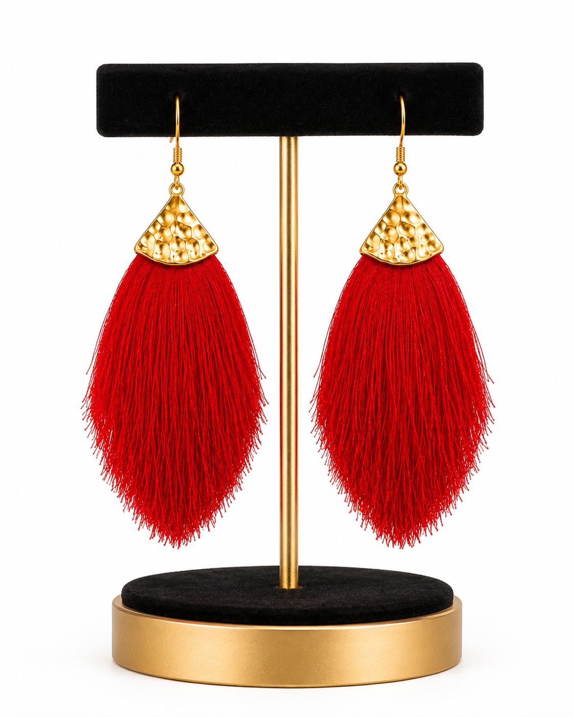 Ruby Cascade Hammered Gold & Ruby Red Tassel Statement Earrings