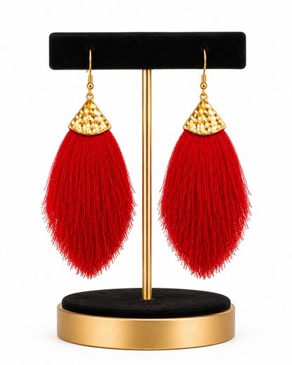 Ruby Cascade Hammered Gold & Ruby Red Tassel Statement Earrings