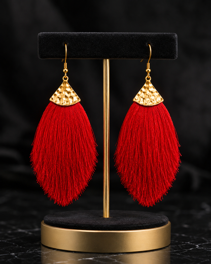 Ruby Cascade Hammered Gold & Ruby Red Tassel Statement Earrings