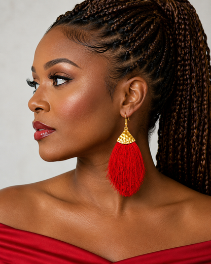 Ruby Cascade Hammered Gold & Ruby Red Tassel Statement Earrings