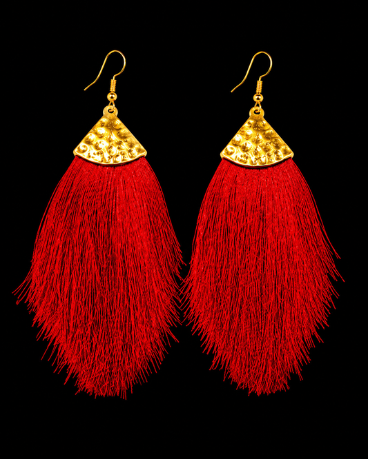 Ruby Cascade Hammered Gold & Ruby Red Tassel Statement Earrings