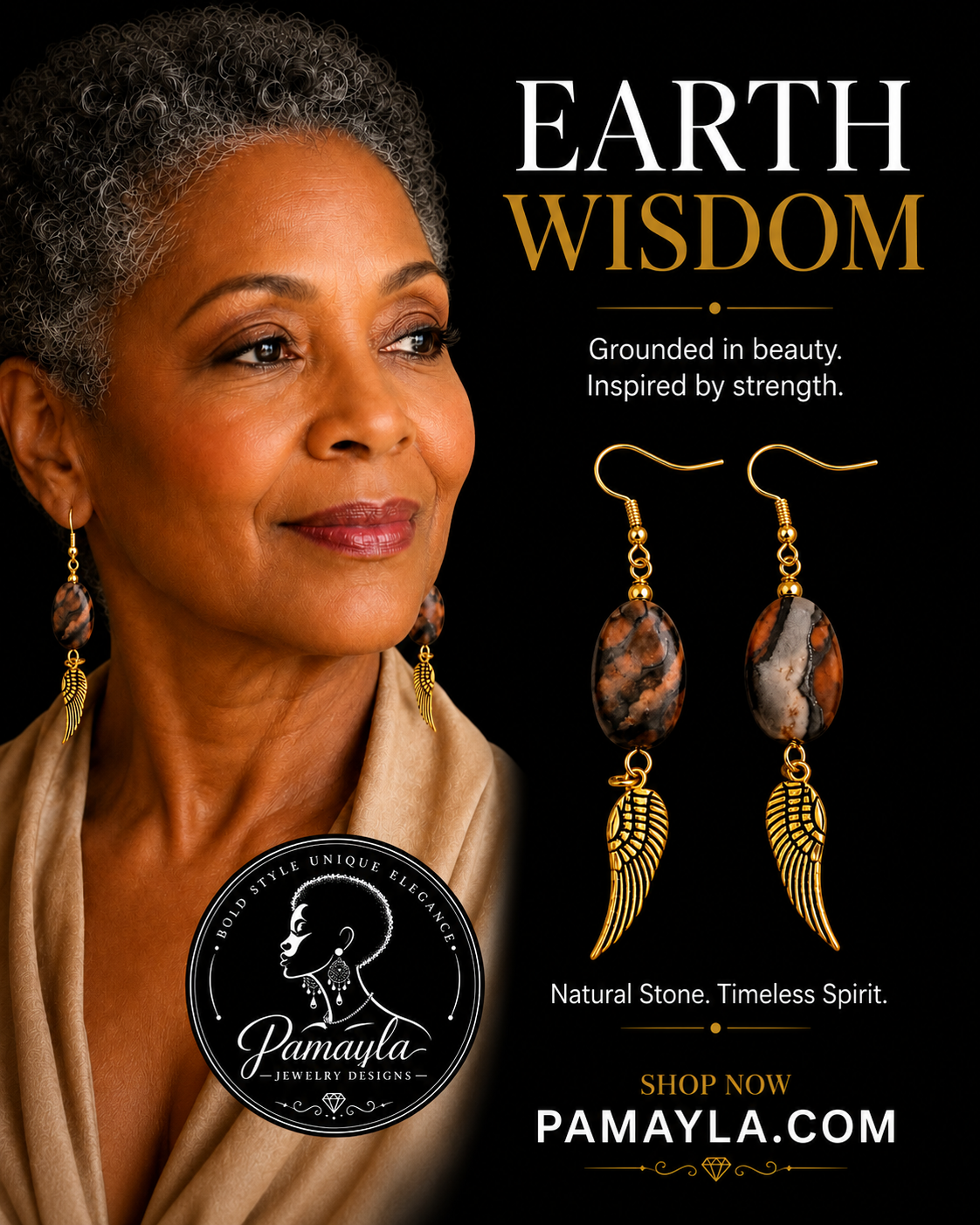 Earth Wisdom Natural Stone & Gold Wing Charm Artisan Earrings