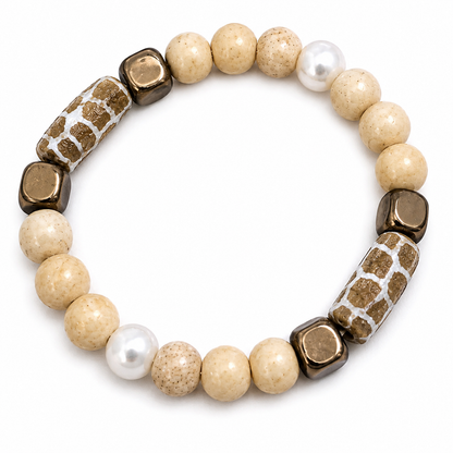 Desert Pearl Harmony Ox Bone, Baroque Pearl & African Glass Artisan Bracelet