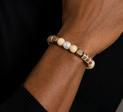 Desert Pearl Harmony Ox Bone, Baroque Pearl & African Glass Artisan Bracelet