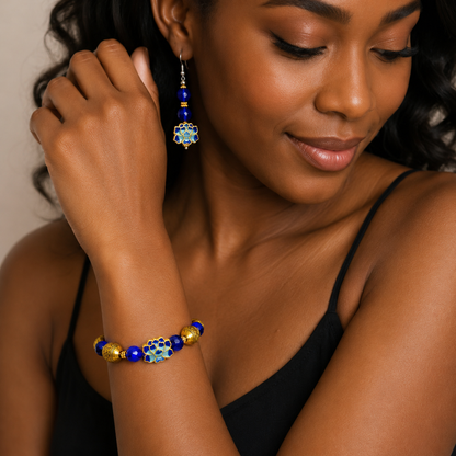 Blue Lotus Elegance Cobalt Blue & Antique Gold Artisan Stretch Bracelet