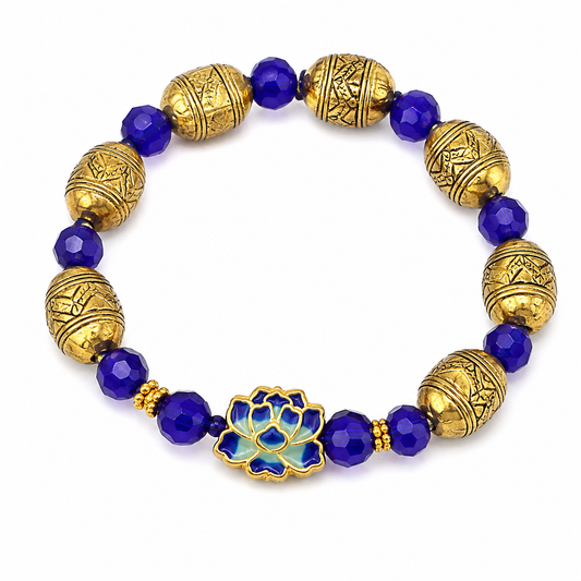 Blue Lotus Elegance Cobalt Blue & Antique Gold Artisan Stretch Bracelet
