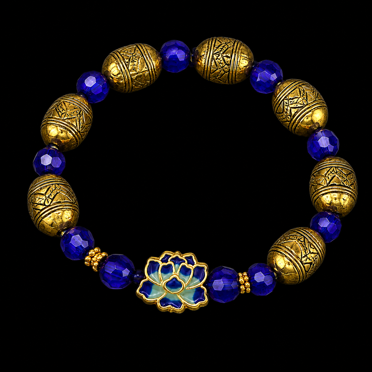 Blue Lotus Elegance Cobalt Blue & Antique Gold Artisan Stretch Bracelet