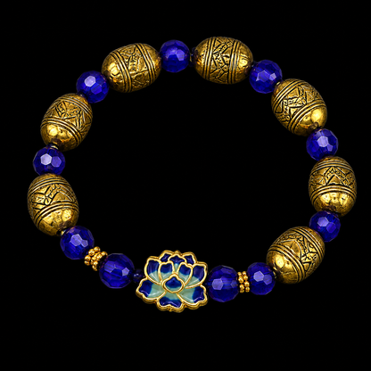Blue Lotus Elegance Cobalt Blue & Antique Gold Artisan Stretch Bracelet