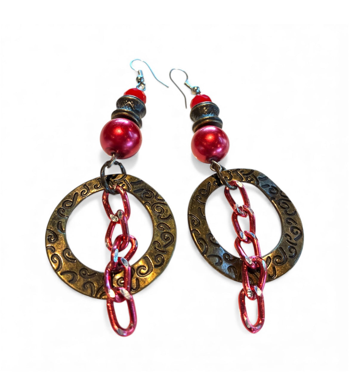 Handcrafted Crimson Bohemian Brass Ring & Chain Dangle Earrings