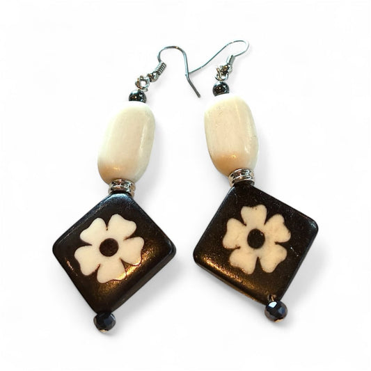 Handcrafted Black & Ivory Floral Beaded Drop Earrings
