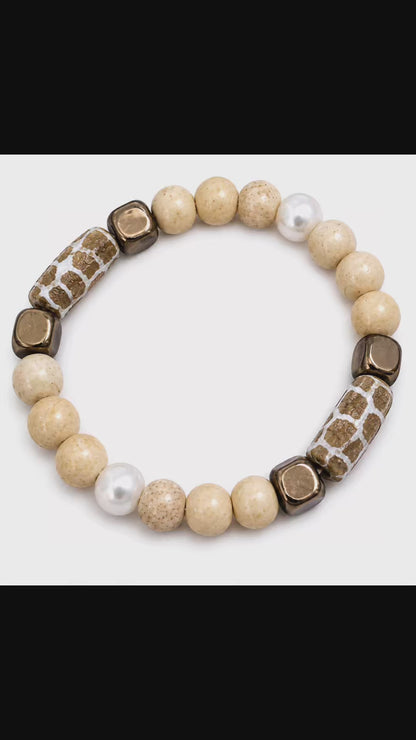 Desert Pearl Harmony Ox Bone, Baroque Pearl & African Glass Artisan Bracelet