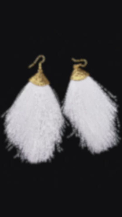 Pure Elegance White Tassel Hammered Gold Statement Earrings