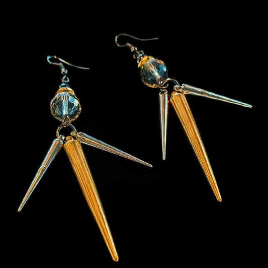 Handcrafted Gold Spike & Teal Crystal Statement Earrings