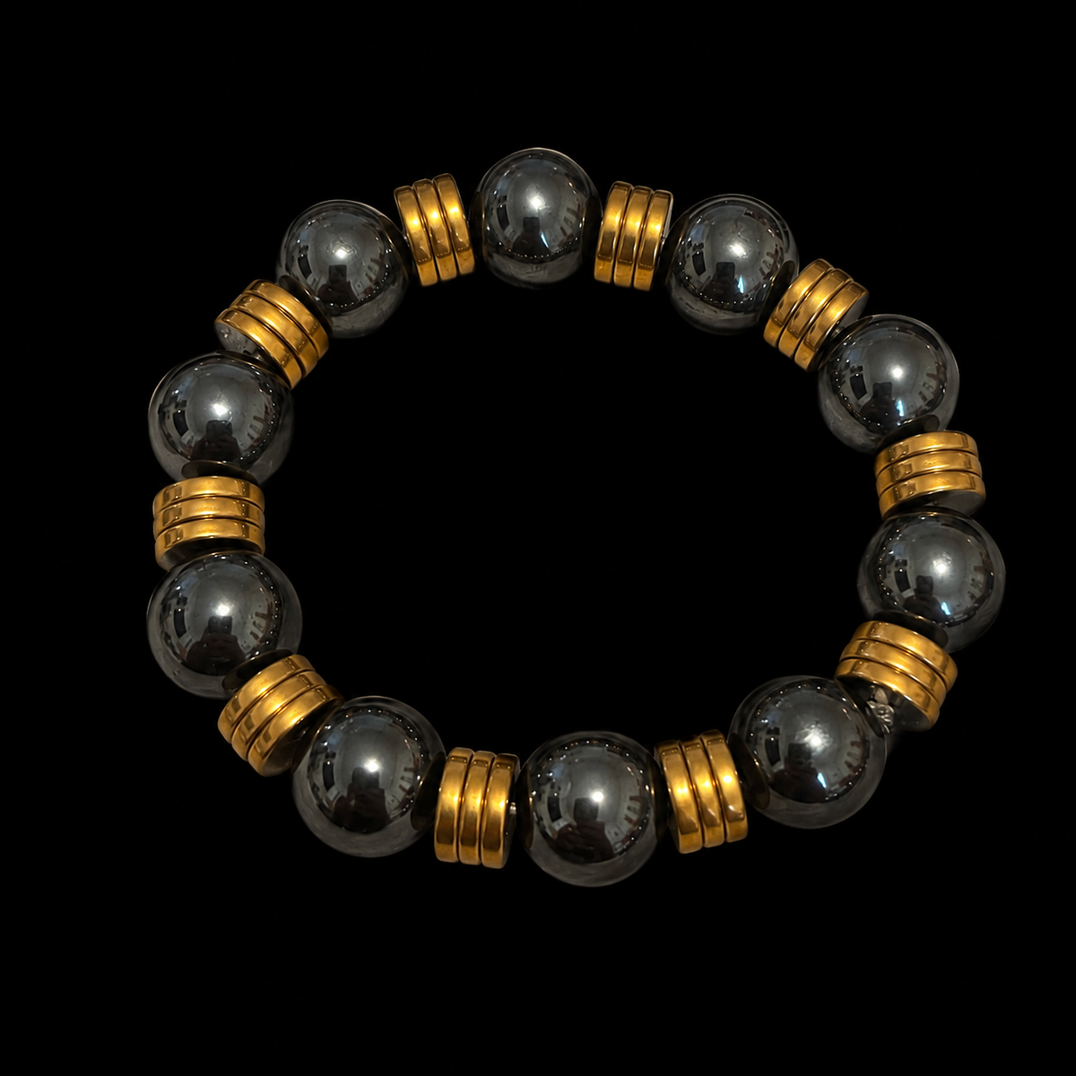 Hematite & Gold Triple-Ring Spacer Stretch Bracelet