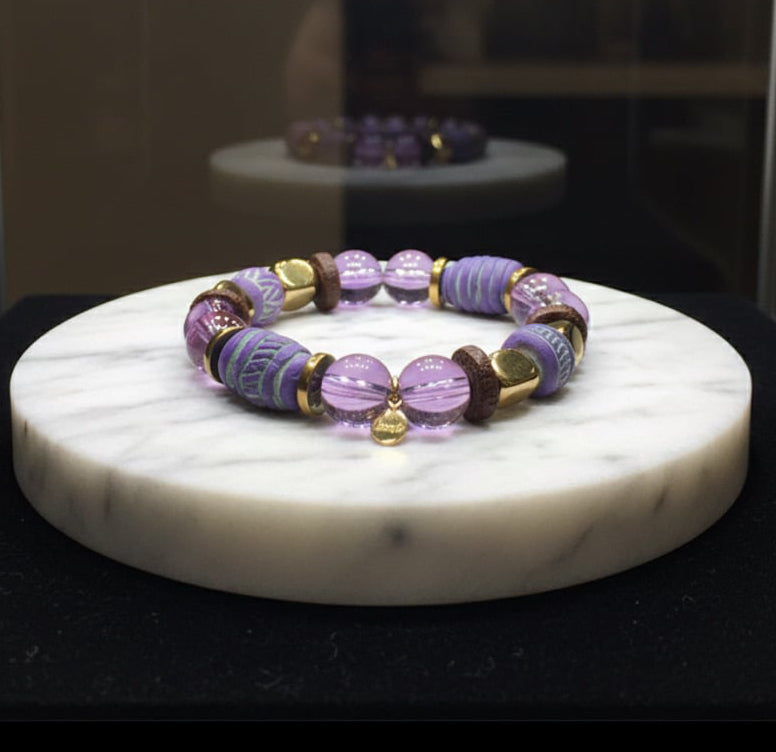 Handcrafted Purple Amethyst & African Clay Bead Stretch Bracelet