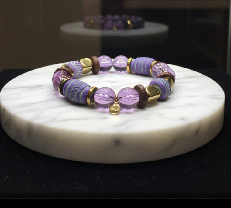 Handcrafted Purple Amethyst & African Clay Bead Stretch Bracelet