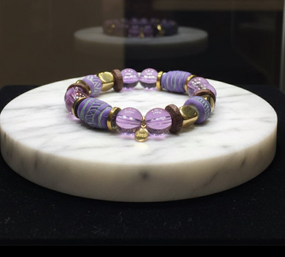 Handcrafted Purple Amethyst & African Clay Bead Stretch Bracelet