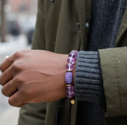 Handcrafted Purple Amethyst & African Clay Bead Stretch Bracelet