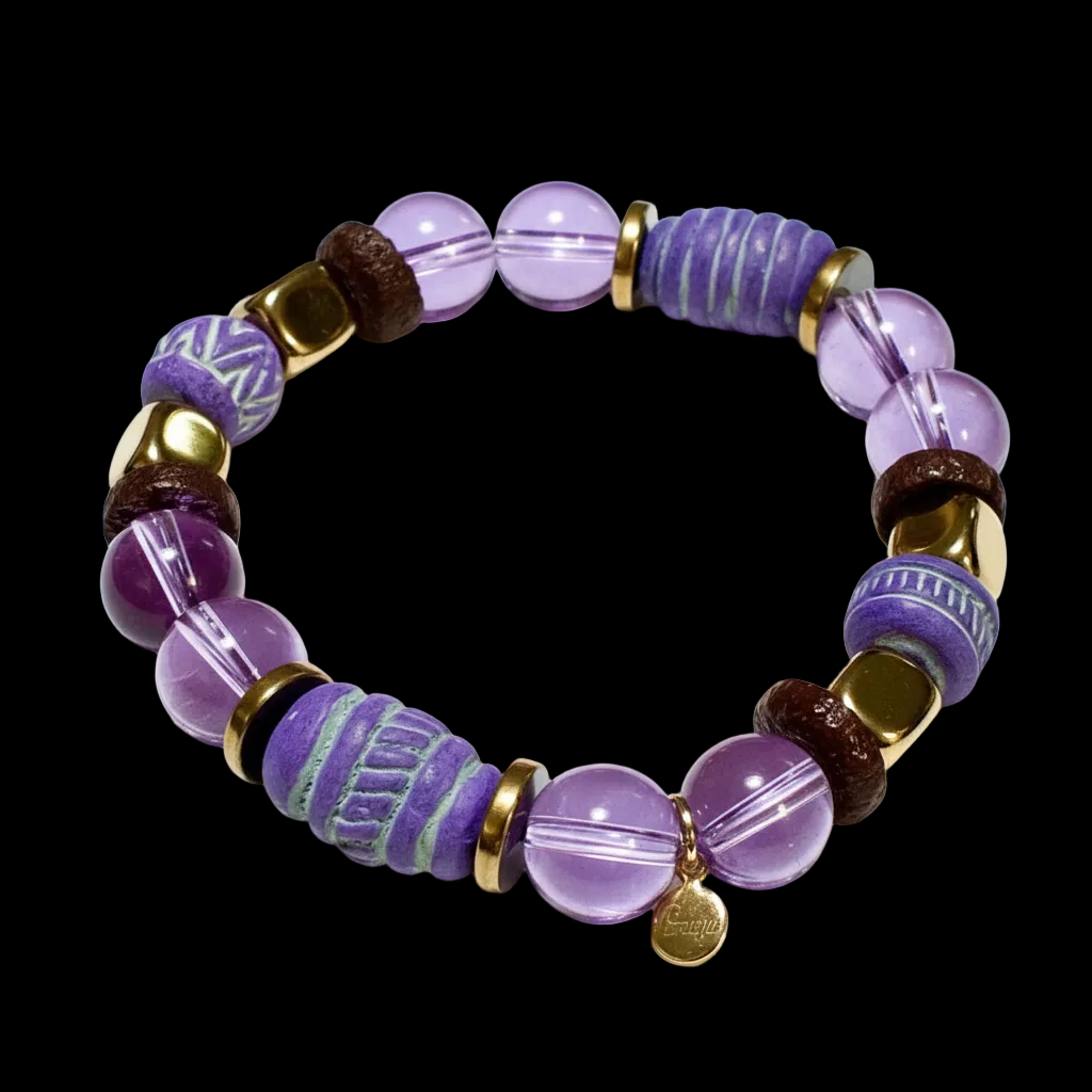 Handcrafted Purple Amethyst & African Clay Bead Stretch Bracelet