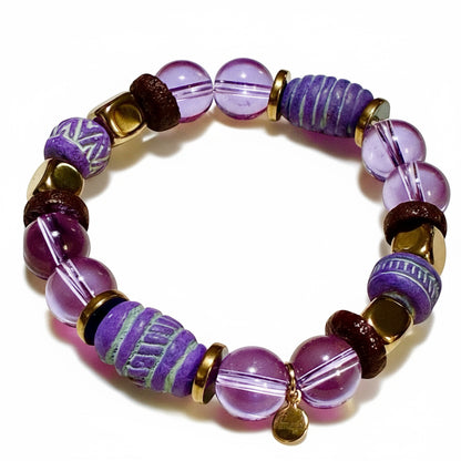 Handcrafted Purple Amethyst & African Clay Bead Stretch Bracelet