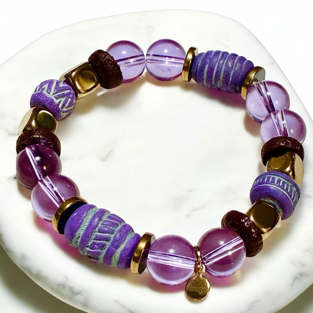 Handcrafted Purple Amethyst & African Clay Bead Stretch Bracelet