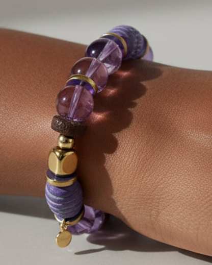 Handcrafted Purple Amethyst & African Clay Bead Stretch Bracelet